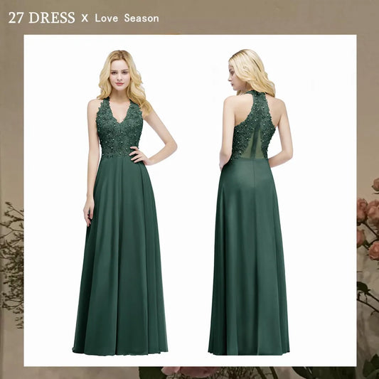 Elegant V Neck Lace Chiffon Evening Dresses Long 2023 Charming Backless A-line Bridesmaid Formal Prom Party Gowns Robe De Soirée