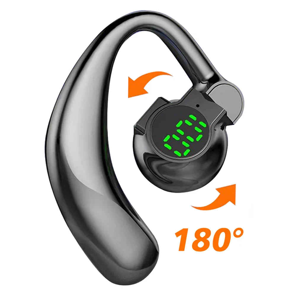 180°Wireless Headphone Bluetooth 5.4 Handsfree Noise Canceling Rotatable Sport Digital Display Earphones Single Ear Earhook