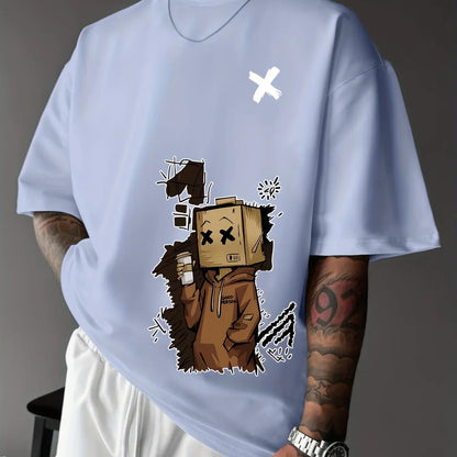 Men's 100% pure cotton fashionable casual sports loose trendy doll graffiti printed round neck short sleeved T-shirt top