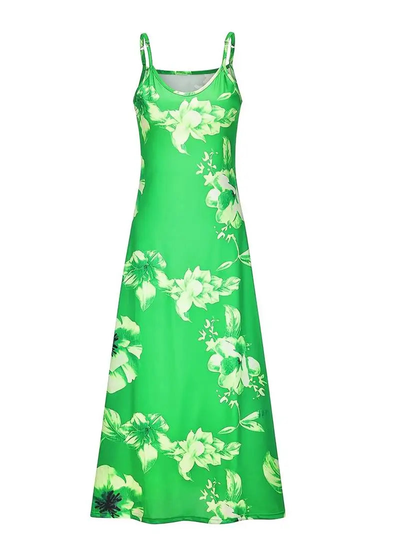 Plus Size Spring Summer Dress Women Floral Print V-Neck Long Dresses Casual Bohemian Sleeveless Women Beach Party Dress Elegant