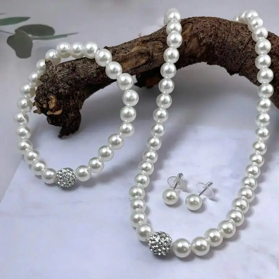 3 PCS set Imitation Pearl Fireball Necklace Bracelet Earring Stud Jewelry Set Silver Color Crystal Stone Elegant Bridal Jewelry