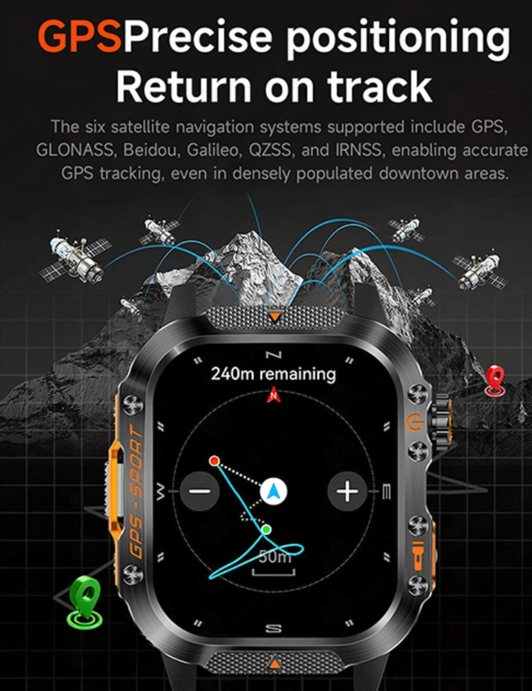 2025 New Military Outdoor Smart Watch Men's GPS Flashlight Bluetooth Call 2.01" AMOLED Screen 3ATM Waterproof Sports Smartwatch