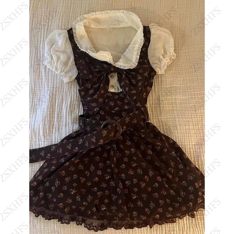 Sweet Gyaru Chic Dress y2k Summer Women's Clothing Floral Puff Sleeve Girdling Waist Lady Gowns Lace Up Ruffled Graceful Dresses