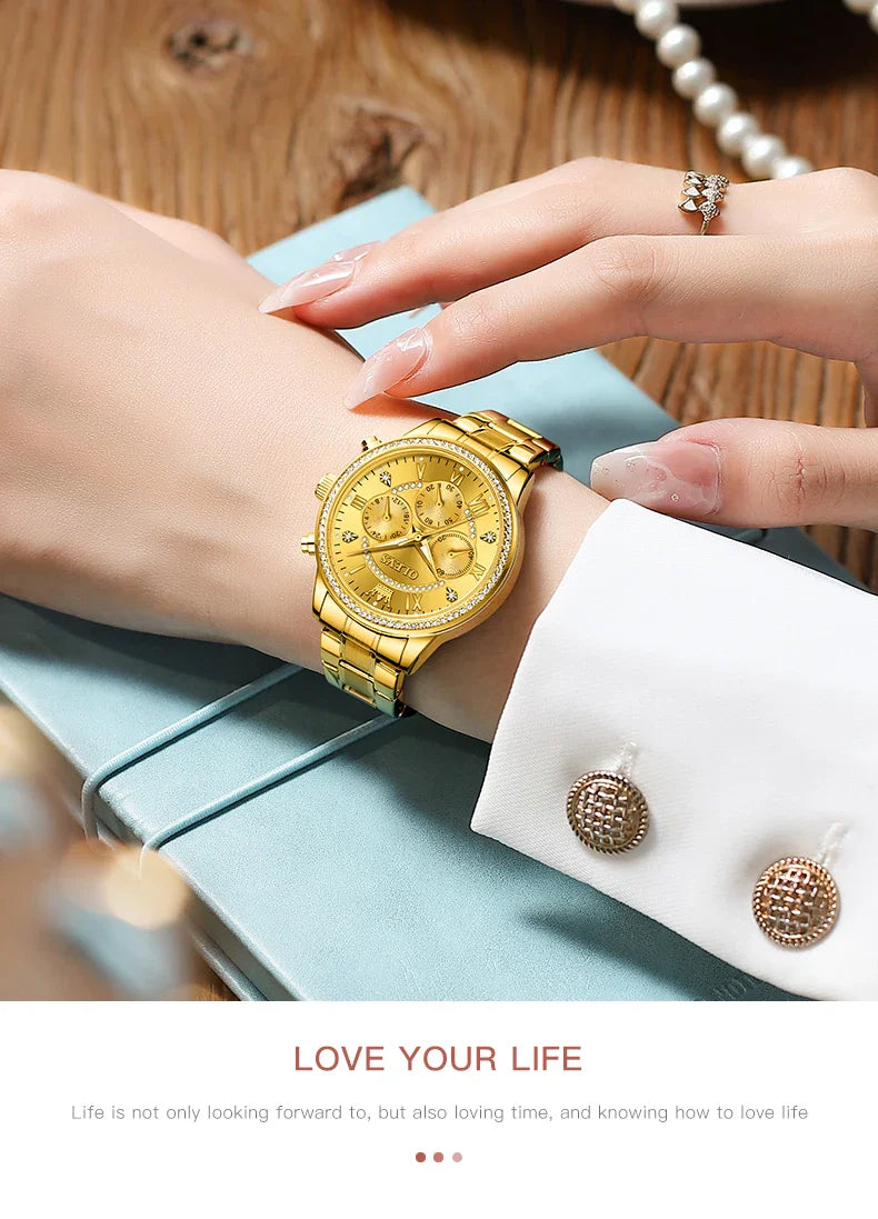OLEVS Women's Watches Top Brand Luxury Original Quartz Watch for Ladies Chronograph Waterproof Luminous Rhinestone Dial 24 Hour