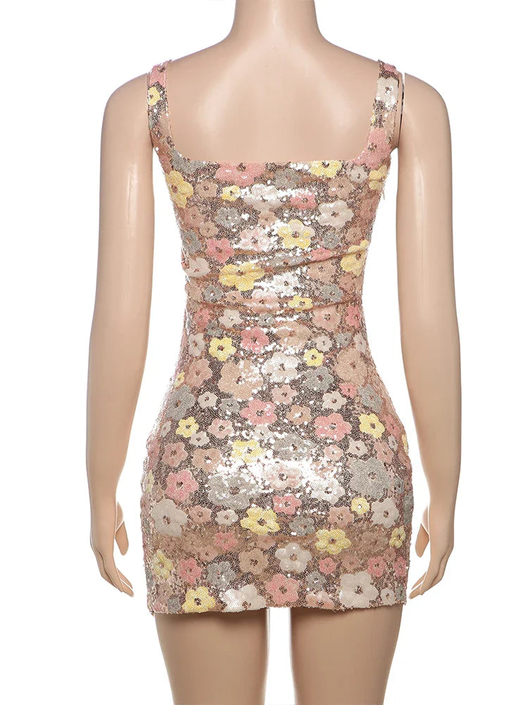 Weird Puss Colorful Flower Print Mini Dress Women Sequins Patchwork Skinny Backless Sleeveless Vacation Trend Elegant Outfits