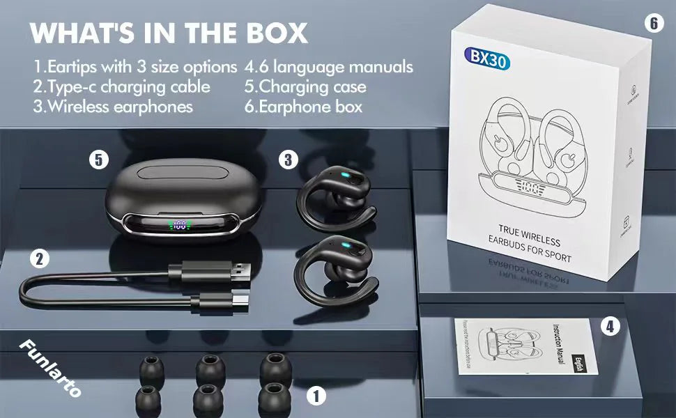 Sports Bluetooth Earphones IPX7 Waterproof Wireless Headphones 60hrs Music with Mic LED Power Display Soft Earhook TWS Earbuds