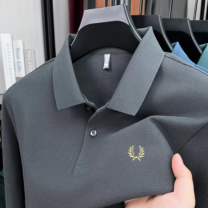 100% pure cotton high-end brand men's long sleeved polo shirt autumn fashion hot selling wheat embroidery golf business T-shirt