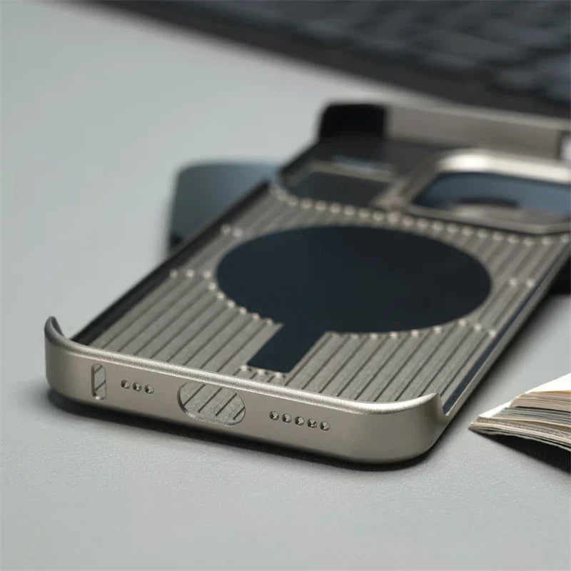 Aluminum Alloy Leather Magnetic Phone Case For iPhone 17 Air 16 15 14 Pro Max Wireless Charging Metal Frameless Shockproof Cover