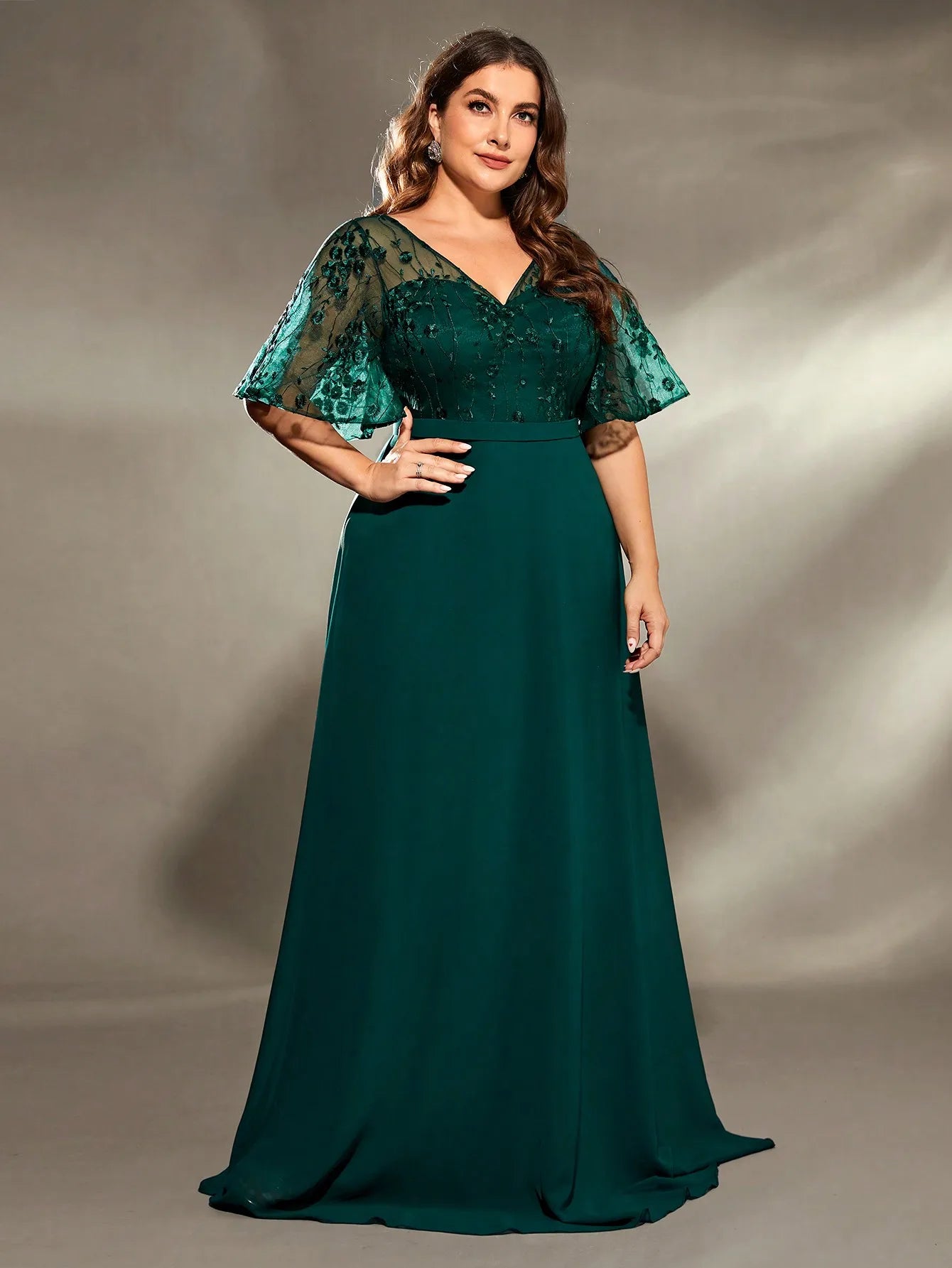 Mgiacy plus size V-neck See-through trumpet sleeve embroidered chiffon full skirt Evening gown Ball dress Party dress