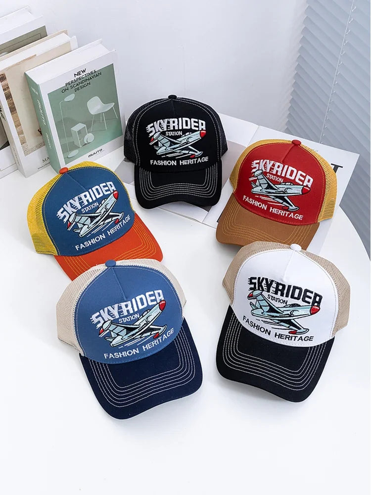 New Style Breathable Mesh Cap Outdoor Baseball Cap Men Women SKY RIDER Embroidered Pattern Snapback Trucker Hat Cap