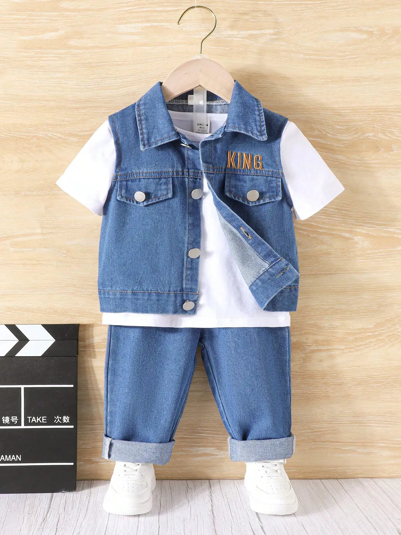 3-Piece Spring/Summer New Boy Leisure Outdoor Retro Fashion Girl Comfort Travel Vacation White Short-Sleeved Denim Vest Pants