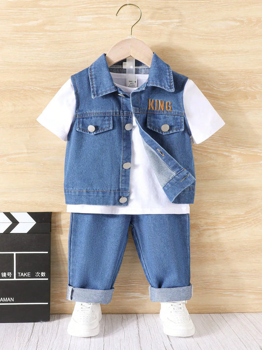 3-Piece Spring/Summer New Boy Leisure Outdoor Retro Fashion Girl Comfort Travel Vacation White Short-Sleeved Denim Vest Pants