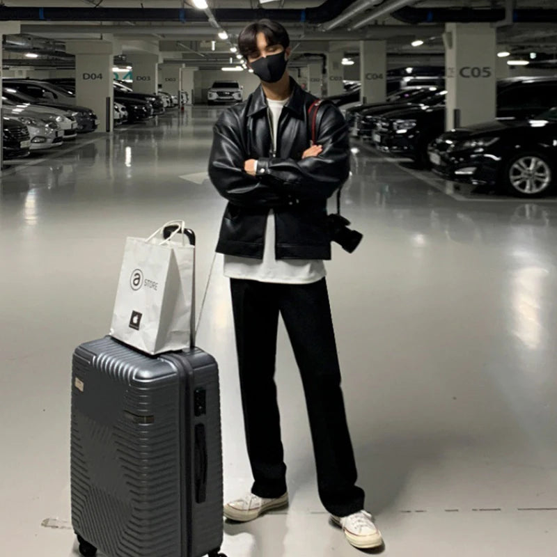 Korean Chic Double Zipper Men's PU Leather Jacket Black Simple