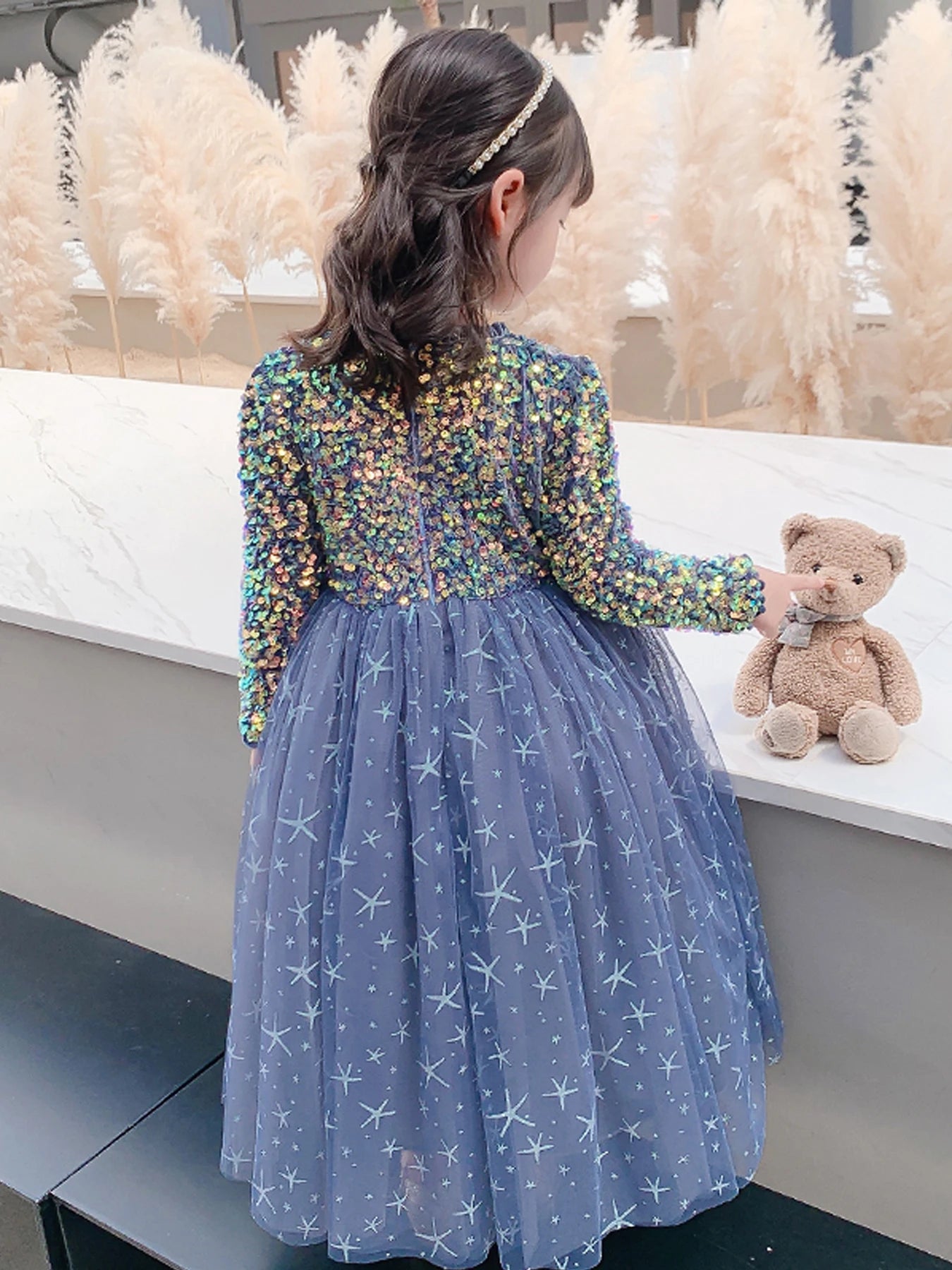 Baby Girls Elegant Unicorn Floral Graphic Print Mesh Gown Dress Clothes For Performance Party Gift Beaded luminescence