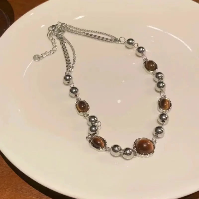 Vintage Leather Brown Stone Pendant Necklace Women's Retro Stacking Choker Temperament Clavicle Chain Hip Hop Jewelry Accessory