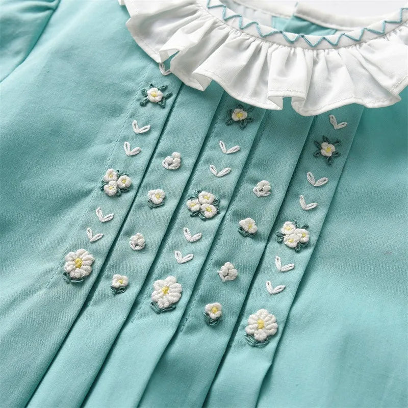 Baby Girls Hand Made Embroidery Dress Children Short Sleeve Frock Ruffle Collar Toddler Summer Cotton Embroidered Flower Dresses