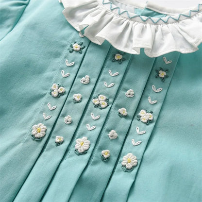 Baby Girls Hand Made Embroidery Dress Children Short Sleeve Frock Ruffle Collar Toddler Summer Cotton Embroidered Flower Dresses