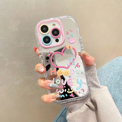 Lovely Girl Heart Mirror Phone Case For iPhone 11 12 13 14 15 16 Pro Max Shockproof