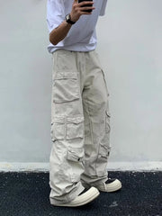 Popular Rice White Multi-pockets Overalls Harajuku stays Men Loose Casual Trousers