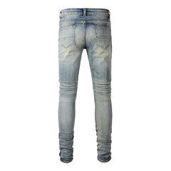 Men's Cracked Patch Biker Jeans Streetwear Pleated Patchwork Stretch Denim Pants