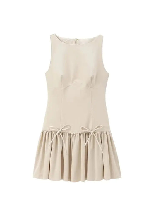 Women's Ruffled Mini Dress with Bows, O Neck, Sleeveless, Back Zipper, Female Dresses, Chic Fashion