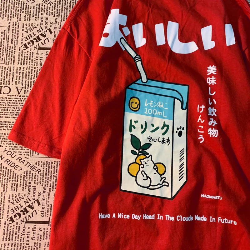 Cute Japanese Cat Print Oversized T-shirt men Women Short Sleeve Loose Casual Tee Shirt Streetwear Tops Cotton Harajuku Clothing