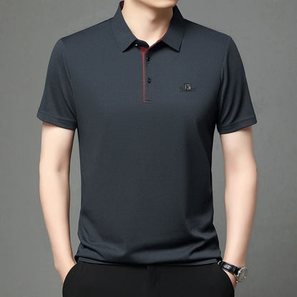 New Men's Business Casual Short Sleeved Shirt with Badge Solid Color Polo Shirt Fashionable Breathable Comfortable Versatile Top