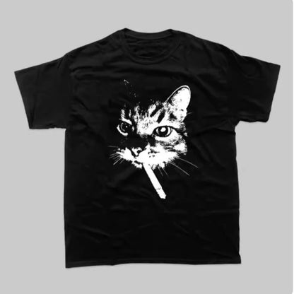 New High-quality American Street Smoking Cat Retro Trendy Personalized Printed T-shirt Men's Windshield Loose Short Sleeves