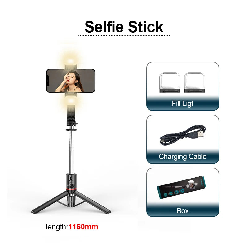 1160mm Extended version bluetooth selfie stick fill light tripod with remote