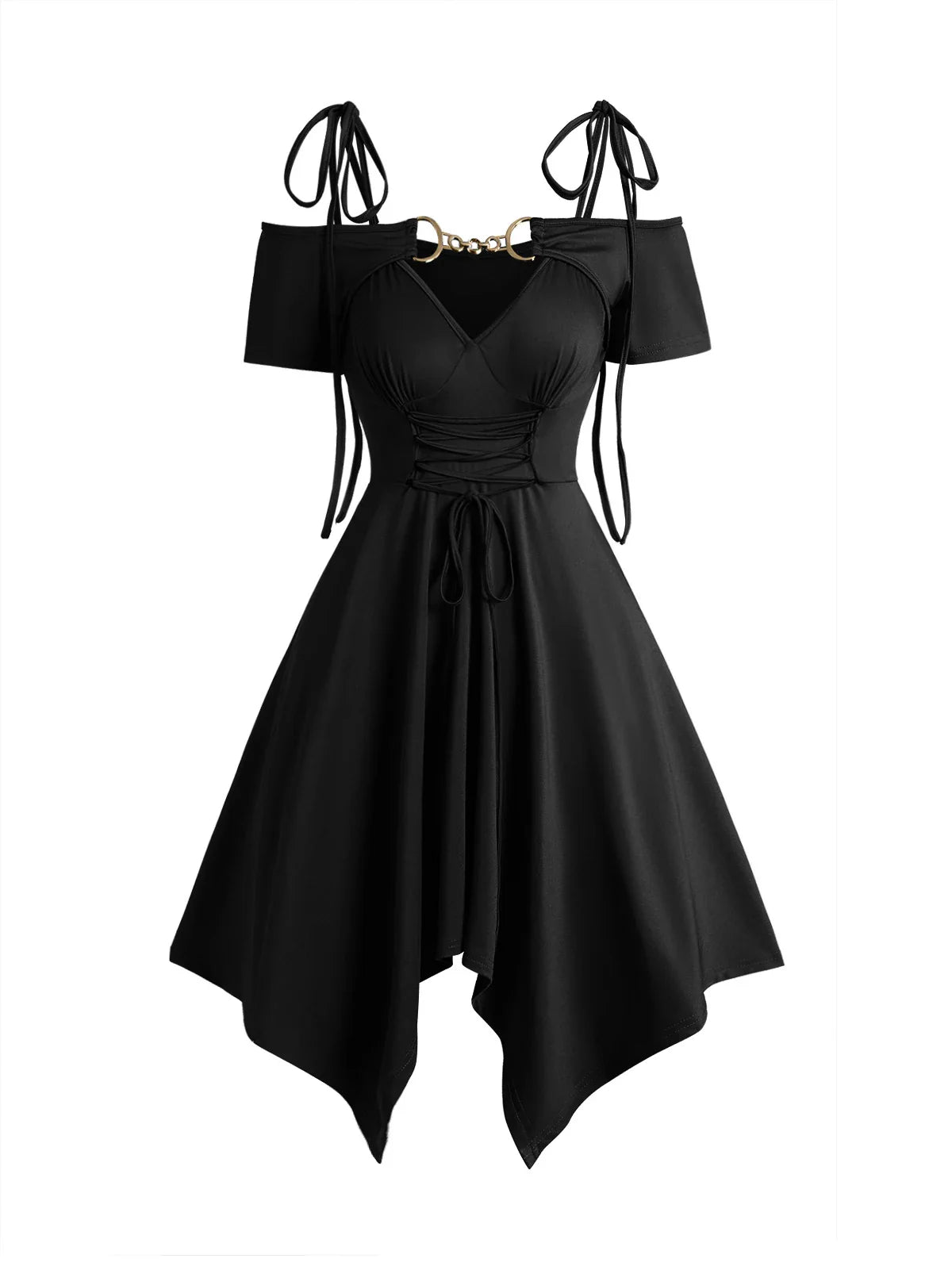Dressfo Women's Dress Cold Shoulder Lace Up Asymmetric Dress Tie Knot Shoulder Chain Solid Color Short Sleeve Dress