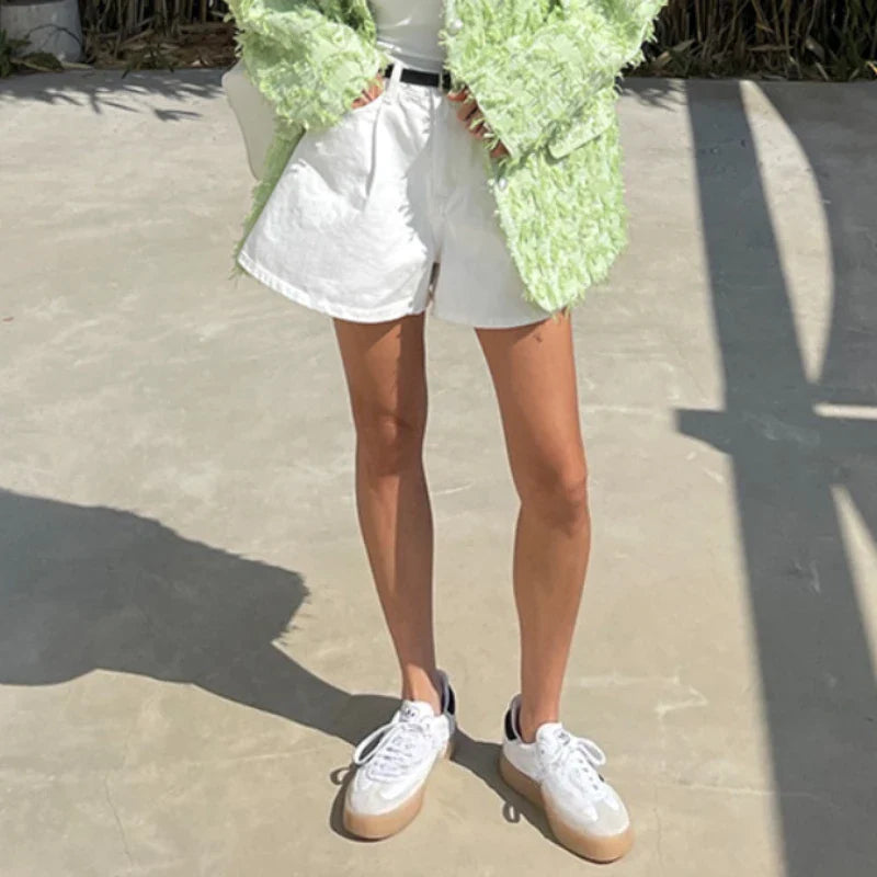 REALEFT Summer Washed High Waist Women's A-line Denim Shorts Pocket White 2025 New Casual Loose Wide Leg Jeans Shorts Female