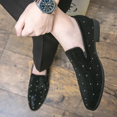 Black Rhinestone Men loafers Gold Spiked Rivets Formal Men Casual Shoes