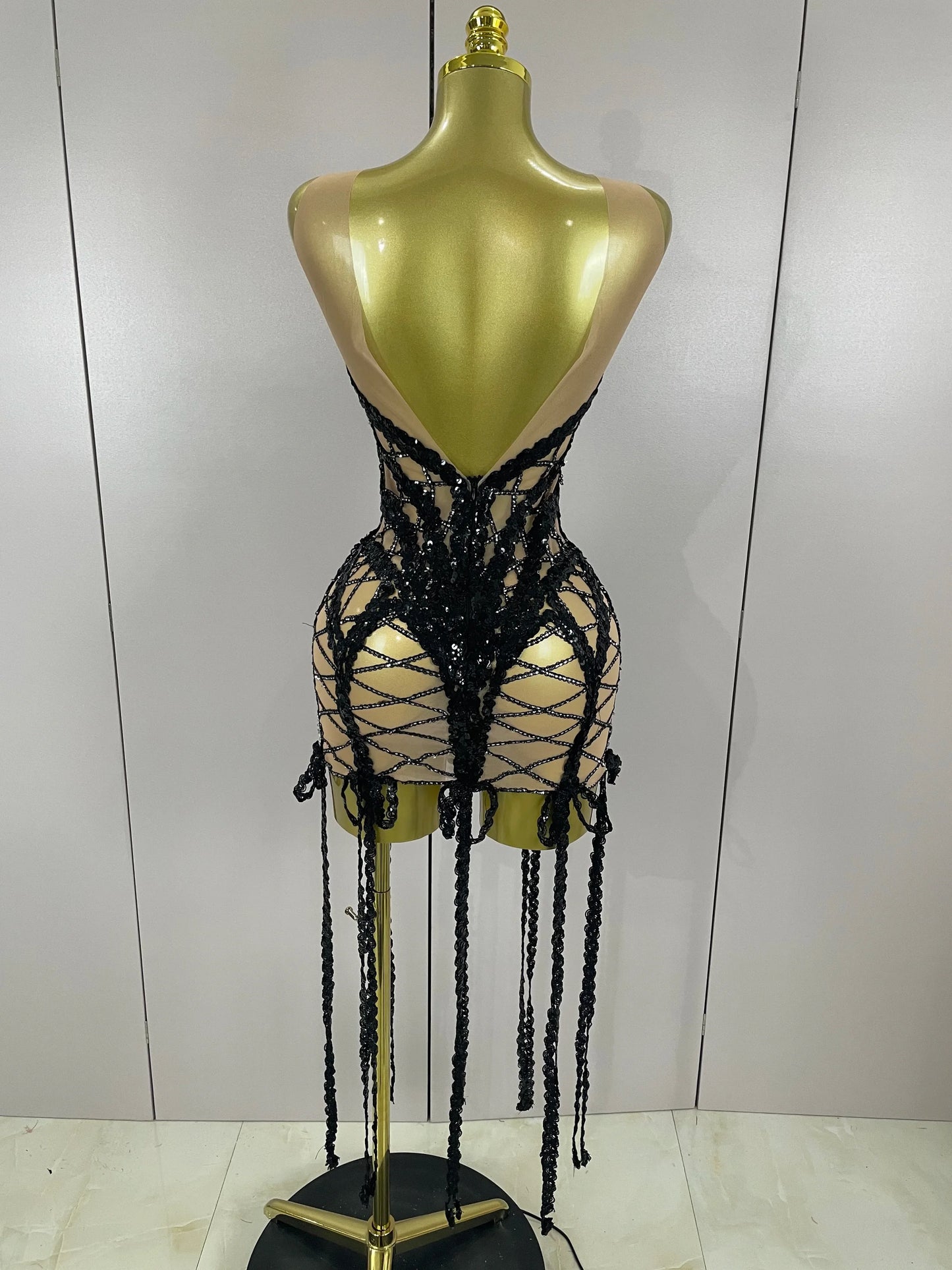 Sparkle Sequins Embroider Sparking Diamonds Long Tassel Sleeveless Mini Dress Women Red Carpet Goddess Stage Performance Costume