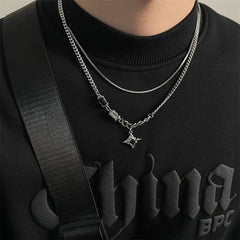 Hip Hop Zircon Star Double Layer Necklace For Men Women Trend Charm Titanium