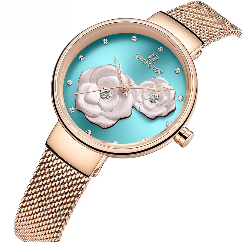 Women Watch NAVIFORCE Top Luxury Brand Steel Mesh Waterproof Ladies Watches Flower Quartz Female Wristwatch Charming Girl Clock