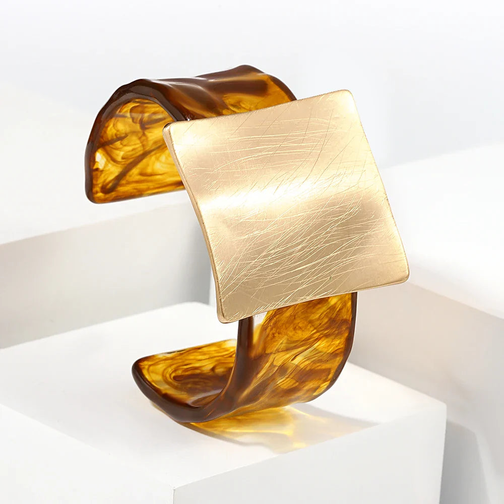 Greatera Metal Brushed Exaggeration Personality Geometric Drawn Square Convex Circular Opening Bracelet Transparent Cuff Bangle