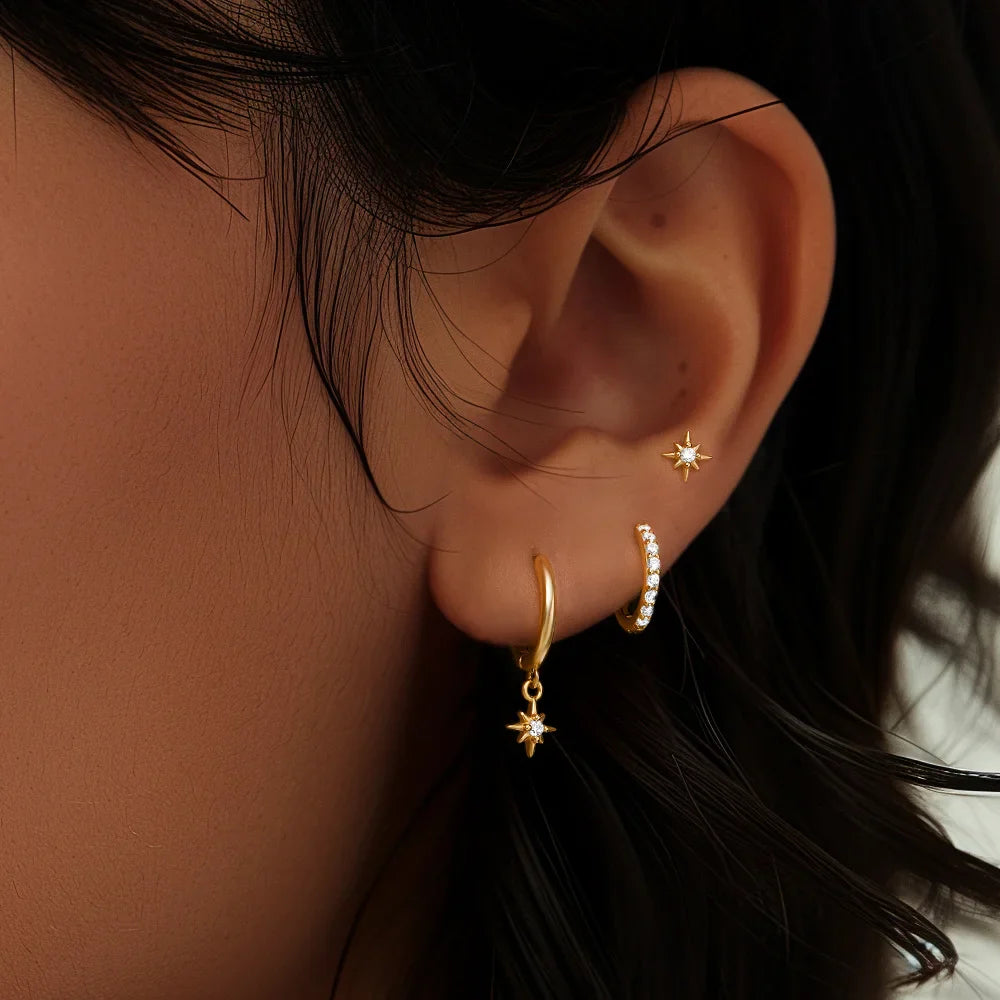 AIDE 925 Sterling Silver 3pcs 4pcs Set Zircon Stud Earrings 18k Gold Star Minimalism Huggies Earring Fine Jewelly Set Party Gift