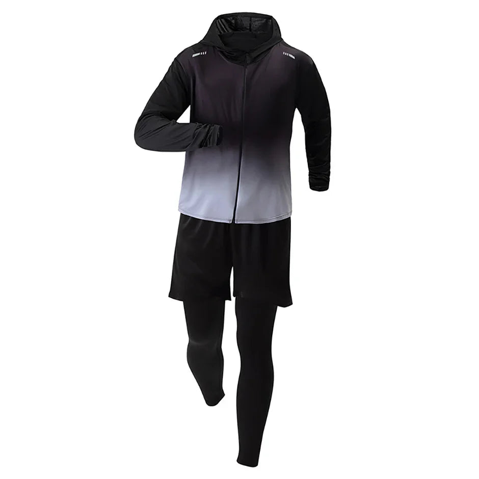 5-Piece Men's Quick-drying Sports Suit Fitness Running Tight Elastic Trousers With Cap Gradient Coat Round Neck Casual T-shirt