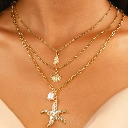 Women's 316L Stainless Steel Starfish Conch Shell Pearl Pendant Necklace 3-in-1 Choker Chain Jewelry Gift