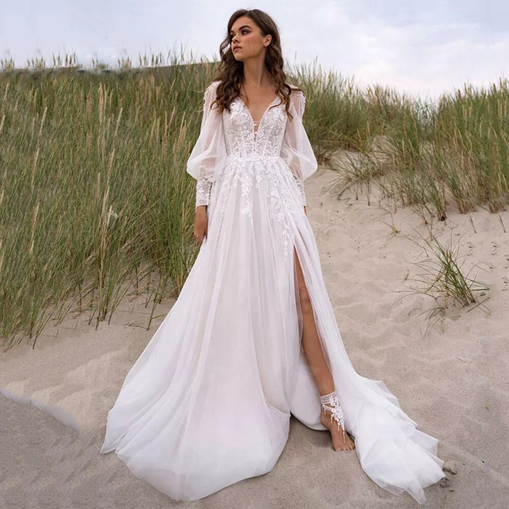 White Bridesmaid Dresses: V-Neck Wedding Dresses Puff Sleeves High Slit Backless