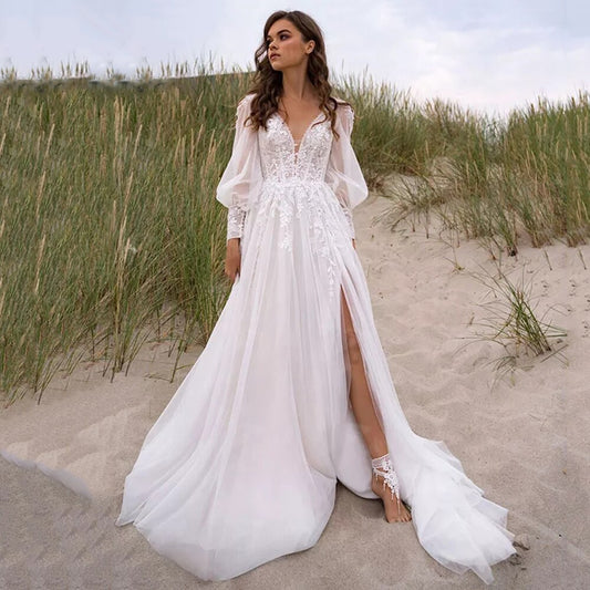 White Bridesmaid Dresses: V-Neck Wedding Dresses Puff Sleeves High Slit Backless
