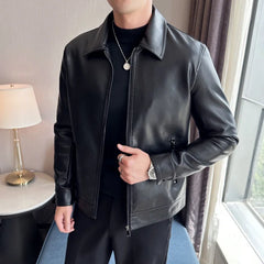 Men Bomber Leather Jacket Anti-wind Lapel Solid Casual Slim Fit Jacket