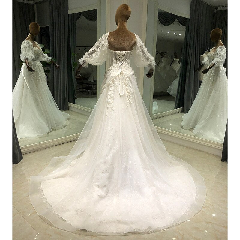White Bridesmaid Dresses: Detachable Sleeve Bride A-Line Wedding Dress