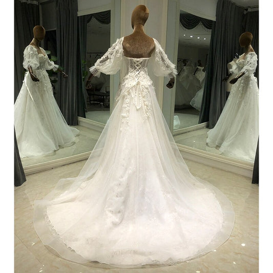 White Bridesmaid Dresses: Detachable Sleeve Bride A-Line Wedding Dress