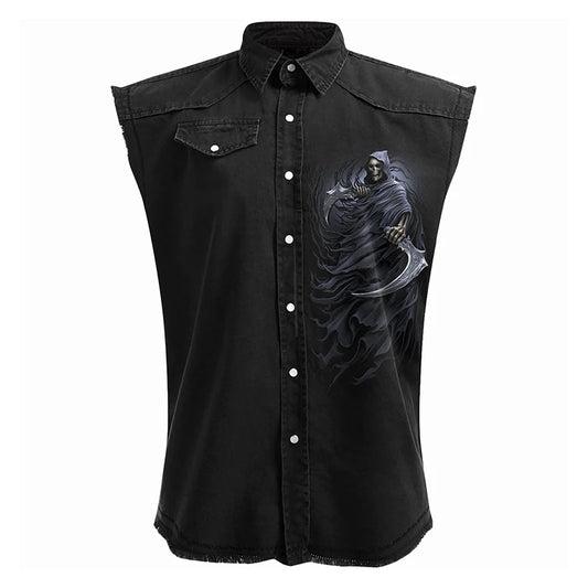 Men's Denim Blouse Retro 3D Skull Graphic Print Sleeveless Shirt Fashion Pocket