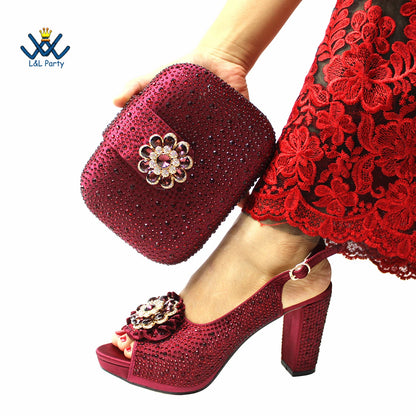 Spring Autumn High Quality Peep Toe Shoes Matching Bag Set in Wine Color For African Ladies Wedding Party