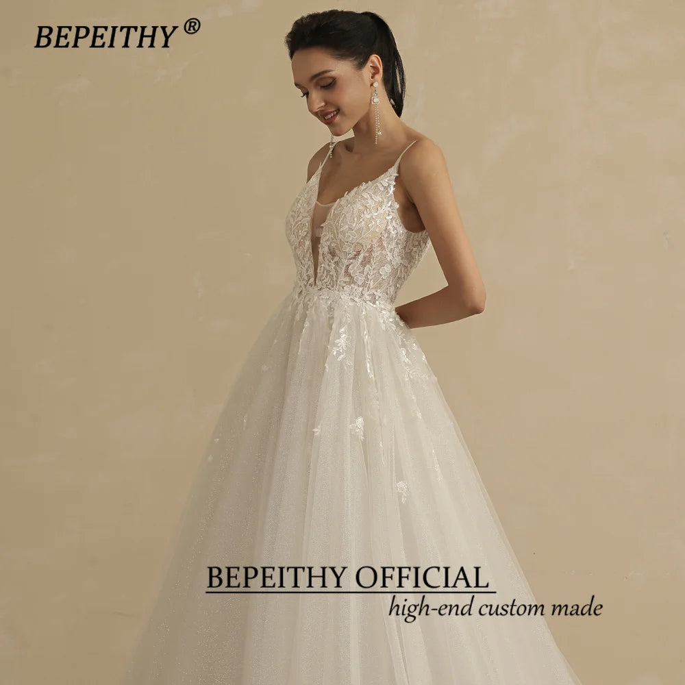 White Bridesmaid Dresses: Deep V Neck Spaghetti Straps A Line Lace Wedding Dresses