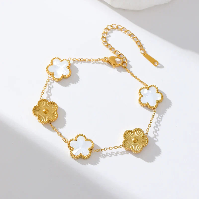 Stainless Steel White Plum Blossom Plant Leaf Flower Set Reversible Necklace Earrings Bracelet Women Clover Jewelry
