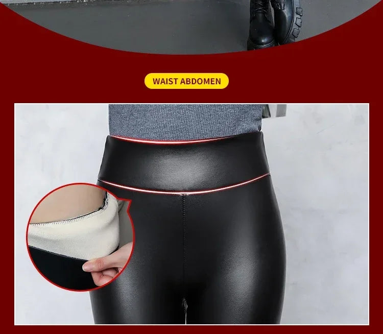Women's Pants Velvet PU Leather Leggings Winter Ladies High Waist Fleece