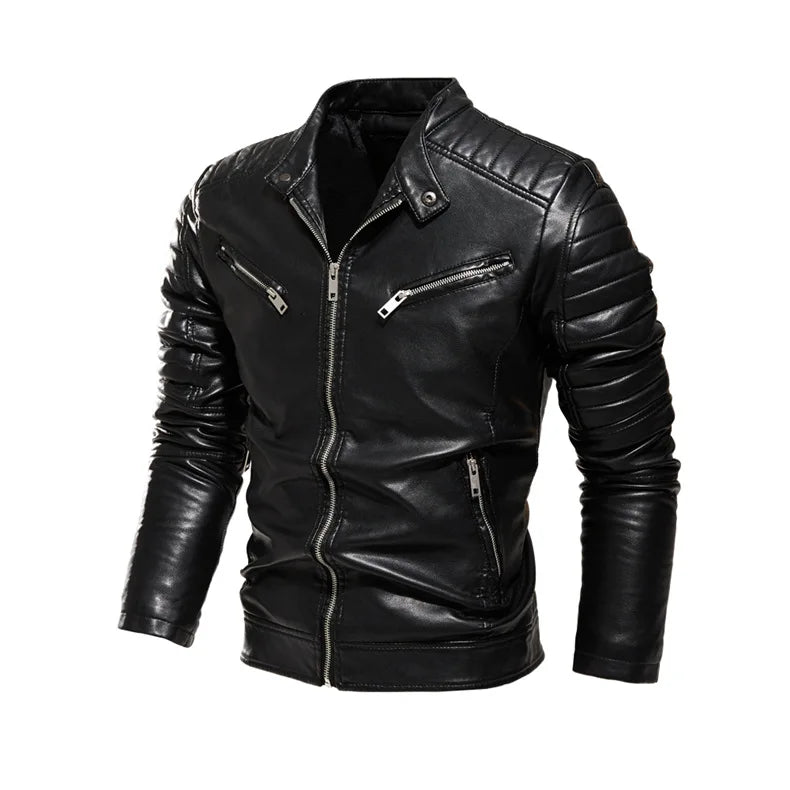 Winter Black Leather Jacket Men Fur Lined Warm Motorcycle Jacket Slim Street